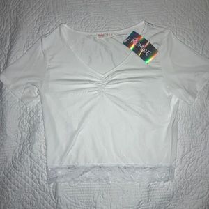 Romwe Lace Hem Ruched White Tee